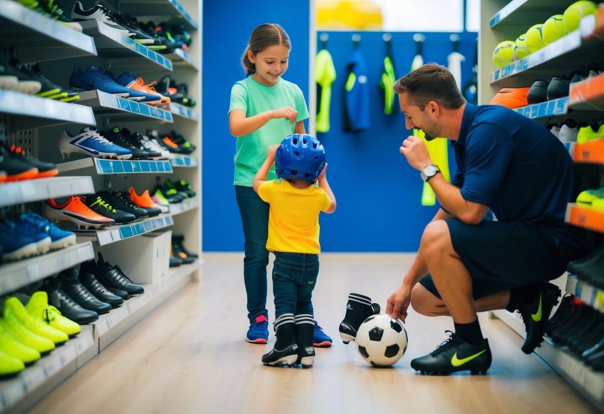 A parent og barn kigger i en sportsbutik prøver fodboldstøvler og benskinner og forbereder sig spændt på den kommende fodboldsæson